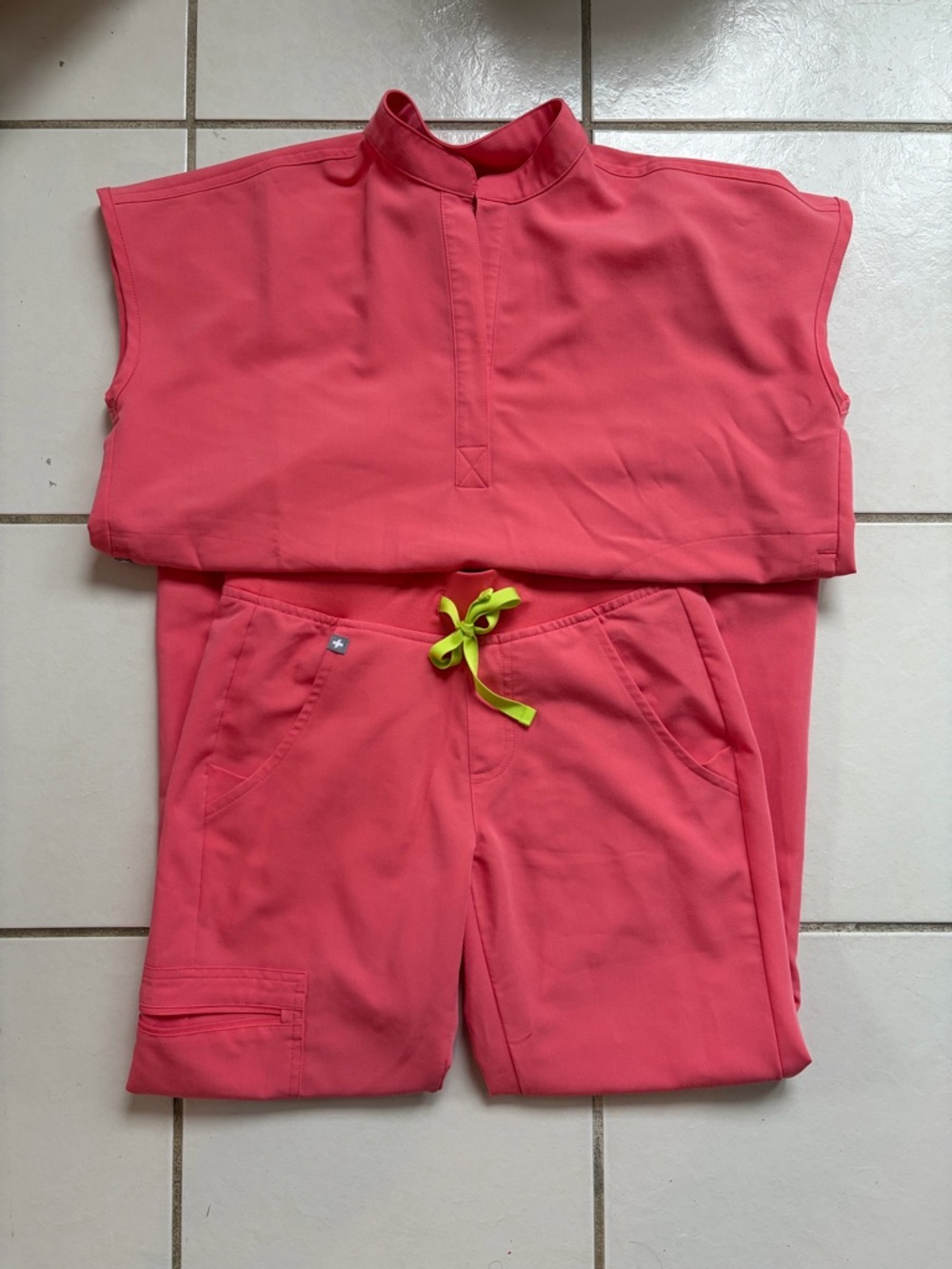 Figs Women's Scrub Set in Coral with Lime Drawstring